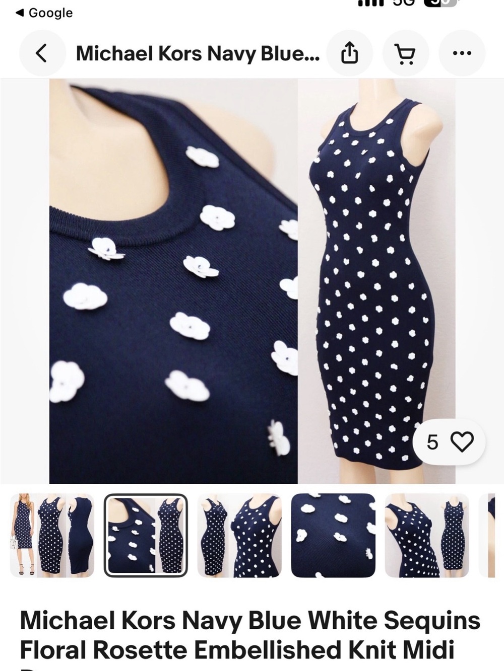 Michael Kors Navy and White Rosette-Embellished Knit Midi Dress